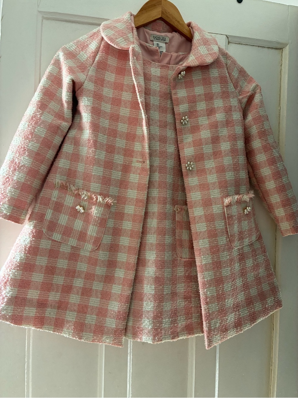 Rachel Zoe Girls Pink & Cream Plaid Tweed Pea Coat with Pearl Buttons